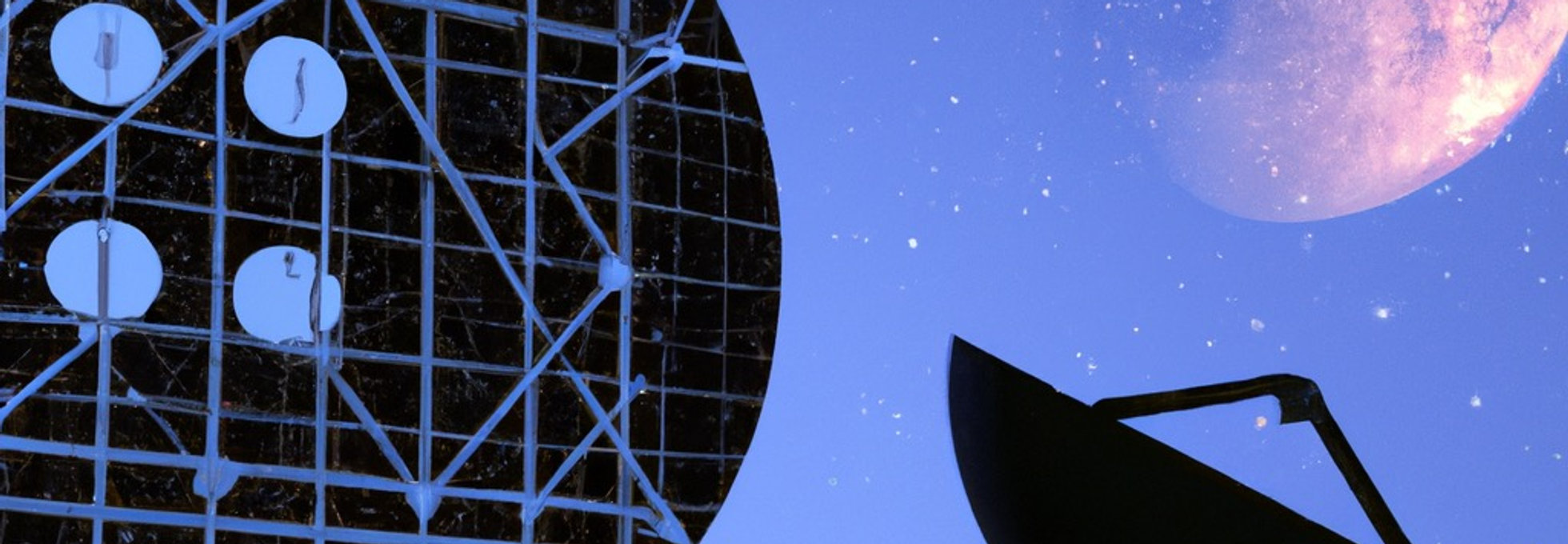 A radio dish and its antenna frame under a starry sky and the Moon